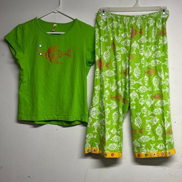 HUE Women's Medium Green Fish Print Pajama Lounge Wear Outfit Beach Tropical Pre - Picture 1 of 8